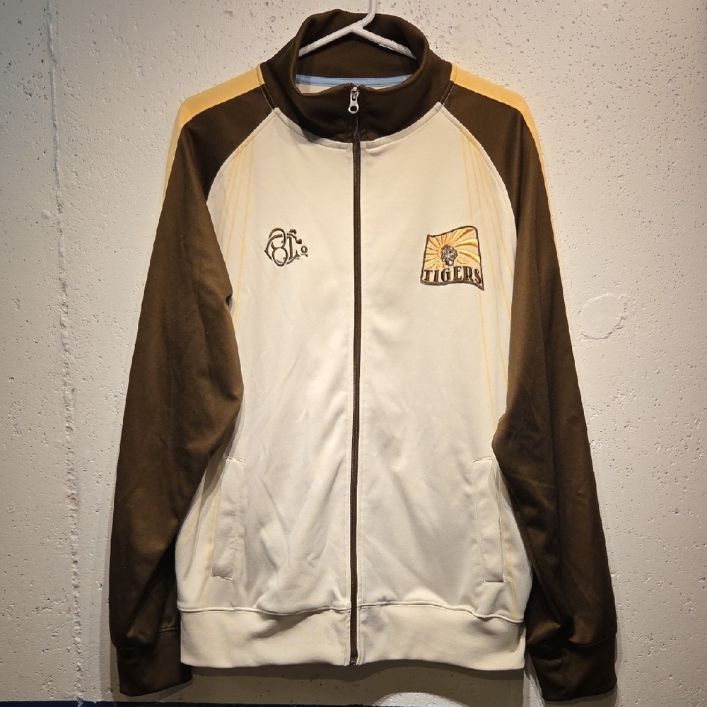 Vintage 2000s Track Jacket in Brown, Cream, Gold and Blue (Large)